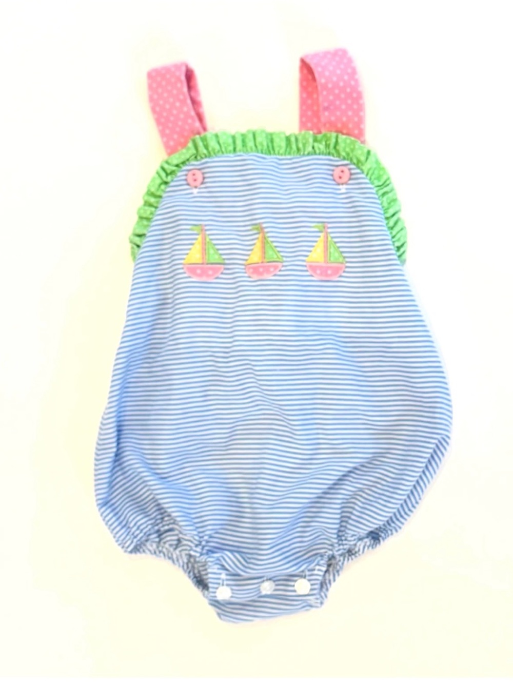 Blue Striped Sailboat Baby Romper with Pink Polka Dot Straps